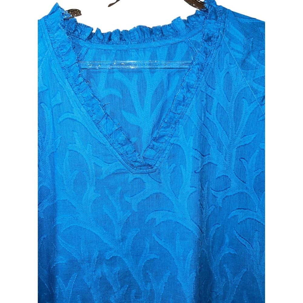 J.Jill Womens V Neck Top Blue Small Jacquard Leaf Ruffle Cap Sleeve Blouse - Picture 2 of 6